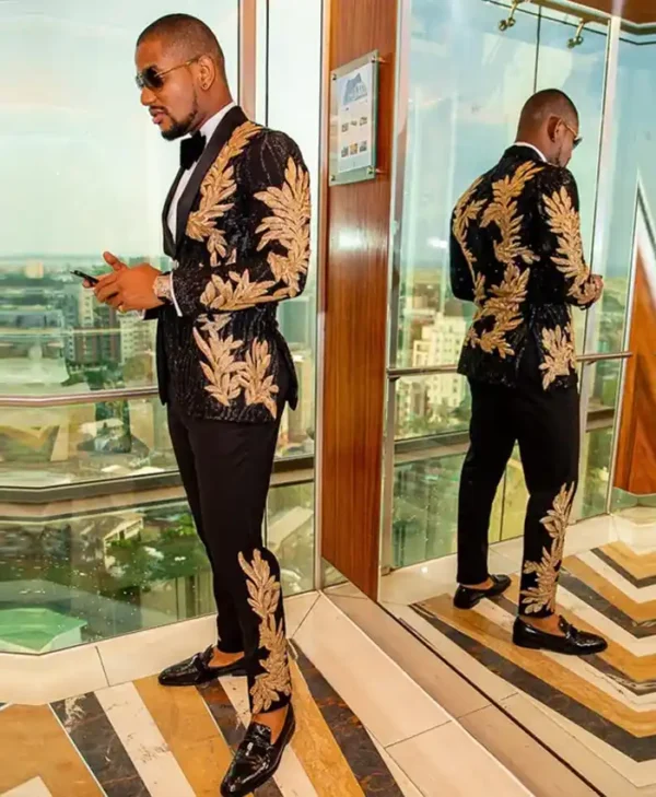 Mens 2 Piece Sequin Golden Leaves Embroidery Tuxedo Main