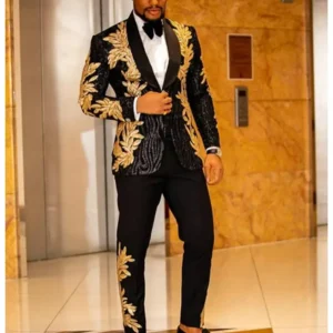 Mens 2 Piece Sequin Golden Leaves Embroidery Tuxedo Side