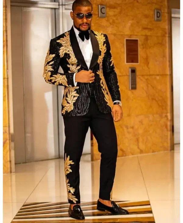 Mens 2 Piece Sequin Golden Leaves Embroidery Tuxedo Side