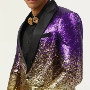 Mens 2 Piece Sequins Purple Slim Fit Suit Collar