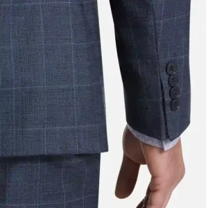 Mens 2024 Blue Slim Fit Windowpane Suit Sleeves