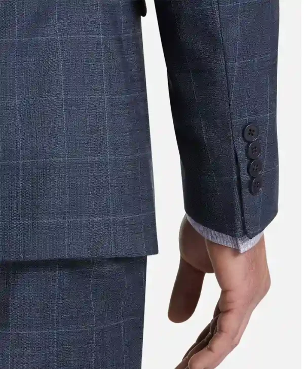 Mens 2024 Blue Slim Fit Windowpane Suit Sleeves