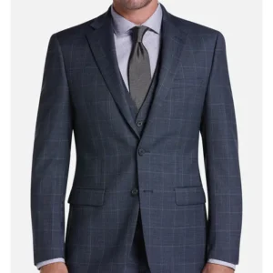Mens 2024 Blue Slim Fit Windowpane Suit Straight