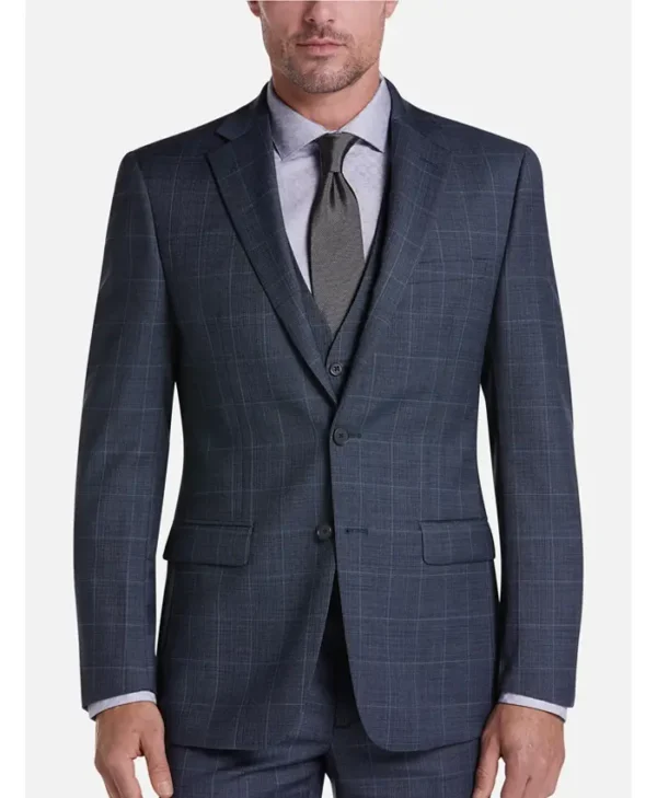 Mens 2024 Blue Slim Fit Windowpane Suit Straight