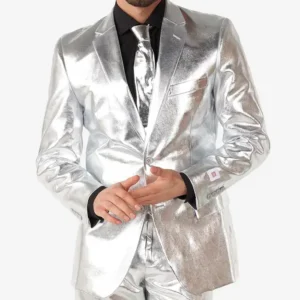 Mens 2024 Shiny Silver Stylish Suit