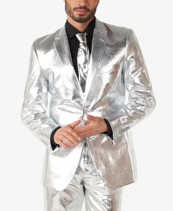 Mens 2024 Shiny Silver Stylish Suit