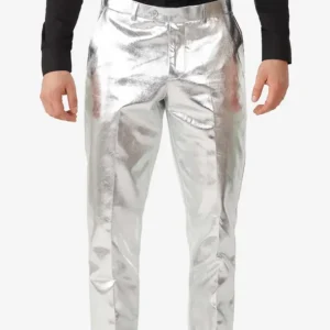 Mens 2024 Shiny Silver Stylish Suit Pant