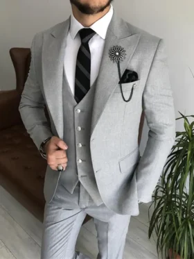 Mens 3 Piece Grey Slim Fit Wedding Tuxedo Suit