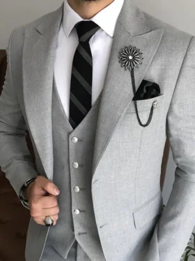 Mens 3 Piece Grey Slim Fit Wedding Tuxedo Suit Collar
