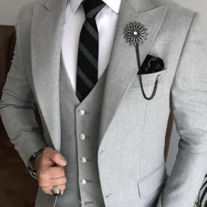 Mens 3 Piece Grey Slim Fit Wedding Tuxedo Suit Collar