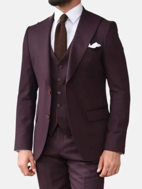 Mens 3 Piece Peak Lapel Purple Suit