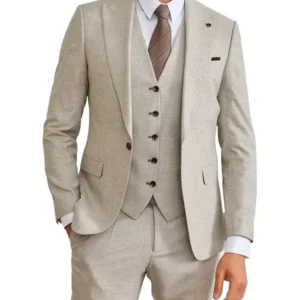 Mens 3 Piece Tweed Light Brown Suit