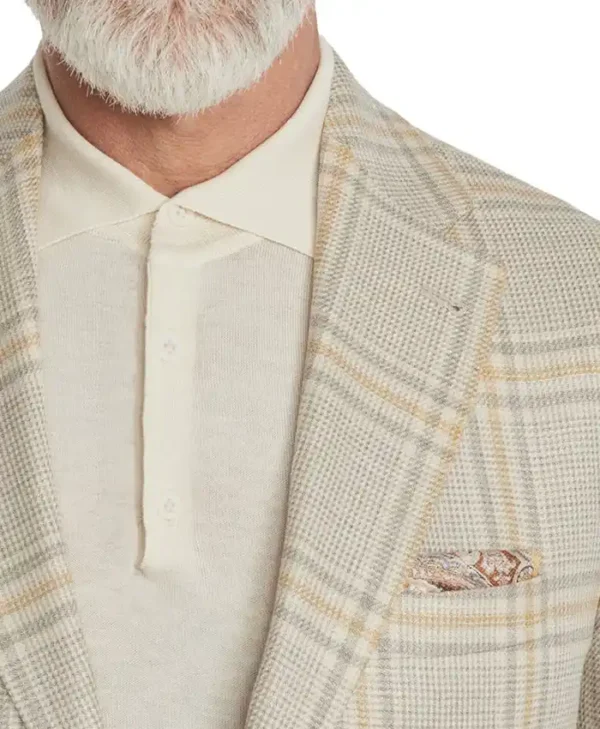 Mens Beige Plain Wool Linen Formal Suit Collar