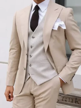 Mens Beige Three Piece Modern Fit Suit
