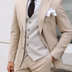 Mens Beige Three Piece Modern Fit Suit