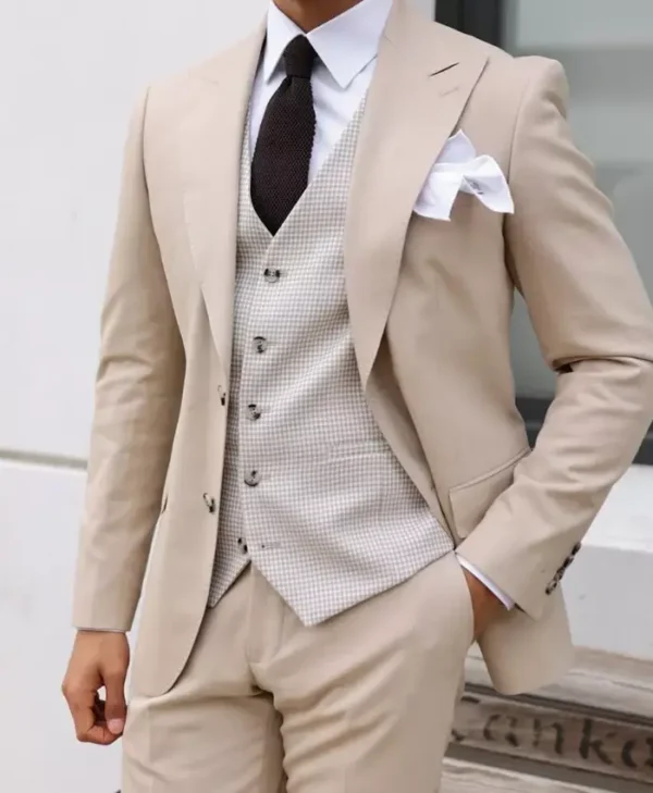 Mens Beige Three Piece Modern Fit Suit