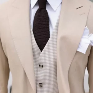 Mens Beige Three Piece Modern Fit Suit Collar