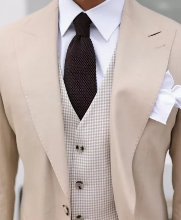 Mens Beige Three Piece Modern Fit Suit Collar