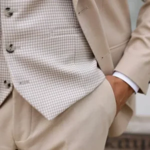 Mens Beige Three Piece Modern Fit Suit Pockets