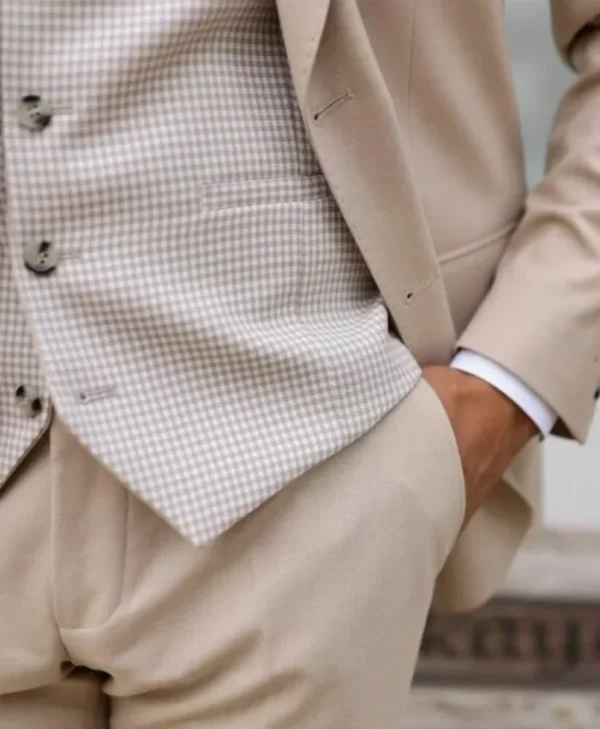 Mens Beige Three Piece Modern Fit Suit Pockets