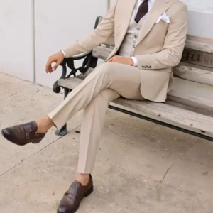 Mens Beige Three Piece Modern Fit Suit Sitting