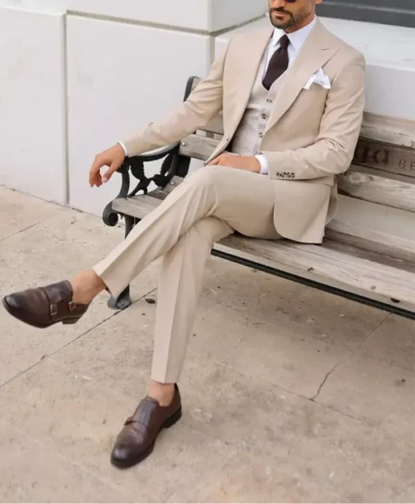 Mens Beige Three Piece Modern Fit Suit Sitting