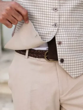 Mens Beige Three Piece Modern Fit Suit Waist
