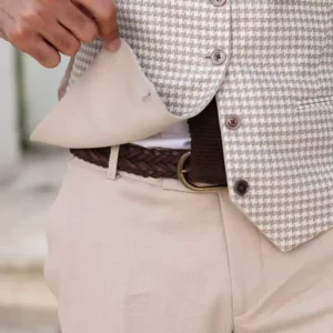 Mens Beige Three Piece Modern Fit Suit Waist