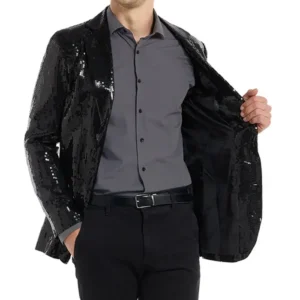 Mens Black 2 Piece Sequin 70s Slim Fit Suit Blazer
