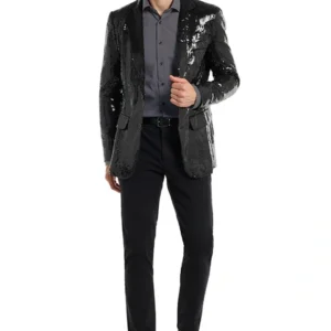 Mens Black 2 Piece Sequin 70s Slim Fit Suit Walking