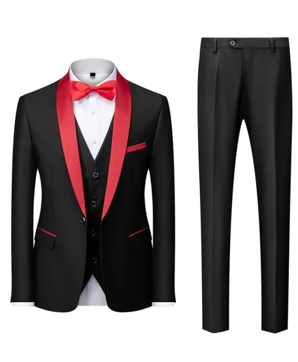 Mens Black And Red Shawl Lapel 3 Pieces Tuxedo