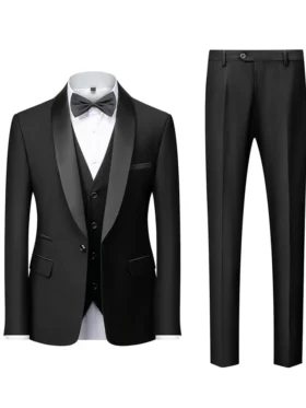 Mens Black Shawl Lapel Three Pieces Suit