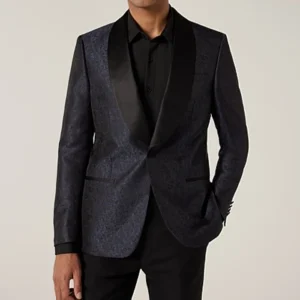 Mens Blue And Black Floral Shawl Collar Tuxedo
