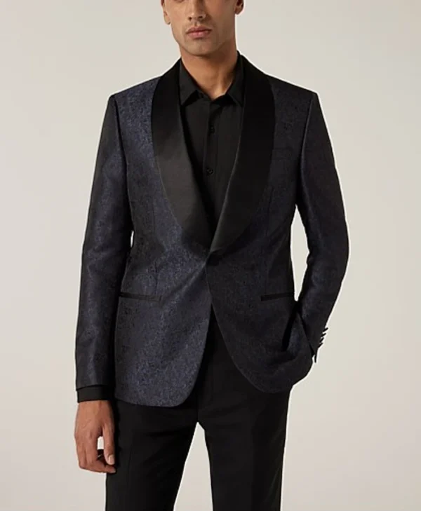 Mens Blue And Black Floral Shawl Collar Tuxedo