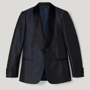 Mens Blue And Black Floral Shawl Collar Tuxedo Blazer