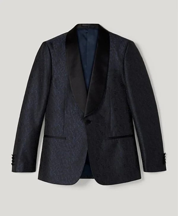 Mens Blue And Black Floral Shawl Collar Tuxedo Blazer