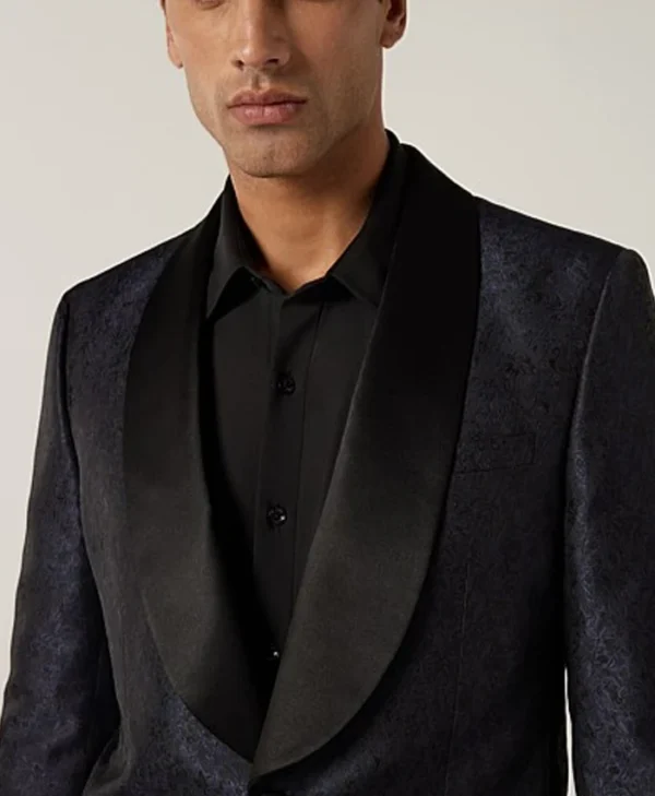 Mens Blue And Black Floral Shawl Collar Tuxedo Collar