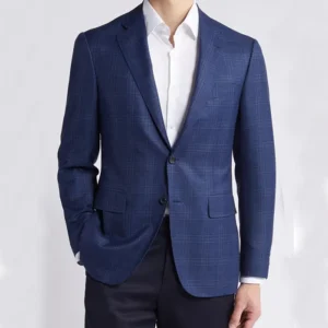 Mens Blue Trim Fit Plaid Wool Sport Suit
