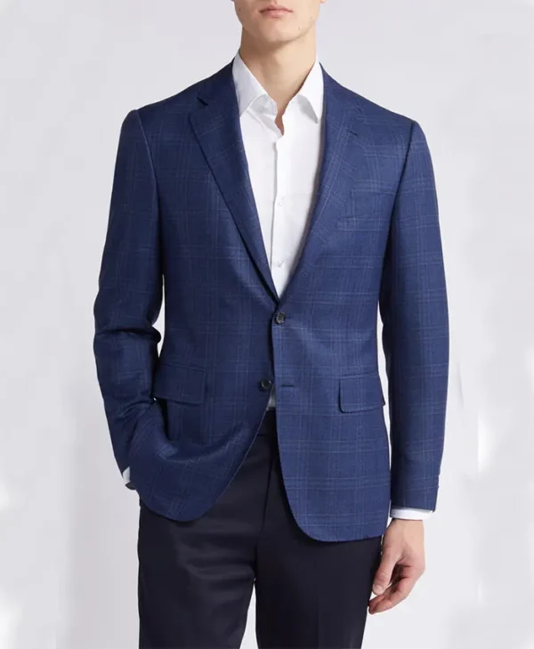 Mens Blue Trim Fit Plaid Wool Sport Suit