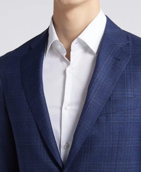 Mens Blue Trim Fit Plaid Wool Sport Suit Collar