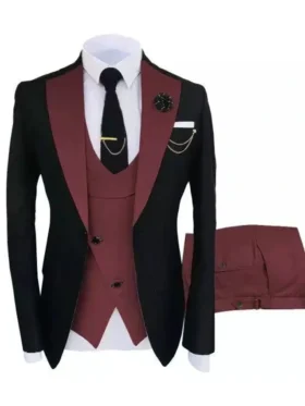 Mens Burgundy and Black Tuxedo Three Piece Tuxedo