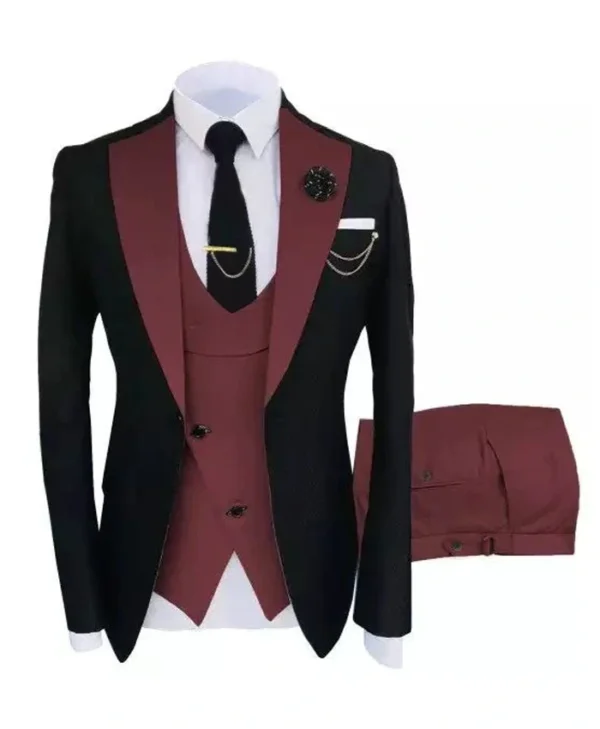 Mens Burgundy and Black Tuxedo Three Piece Tuxedo