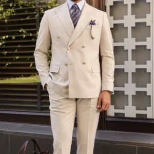Mens Cream Double Breasted 2 Piece Suit