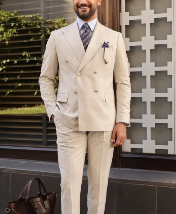 Mens Cream Double Breasted 2 Piece Suit