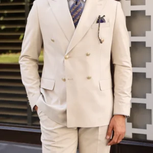 Mens Cream Double Breasted 2 Piece Suit Main