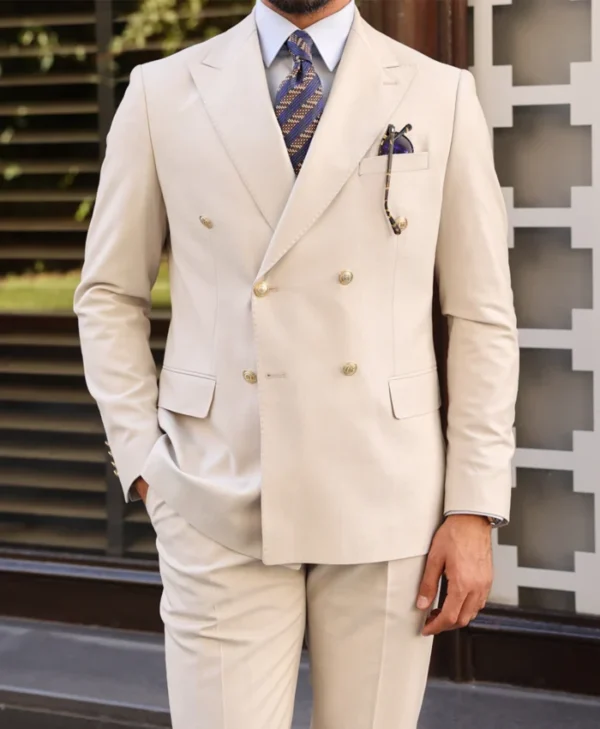 Mens Cream Double Breasted 2 Piece Suit Main