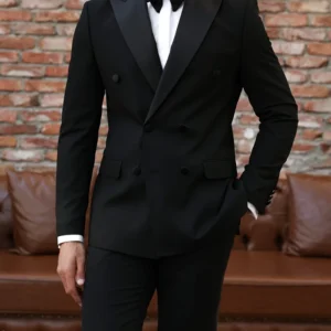 Mens Dark Black Double Breasted 2 Piece Suit