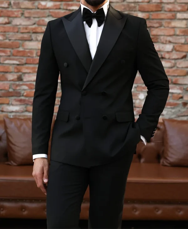 Mens Dark Black Double Breasted 2 Piece Suit
