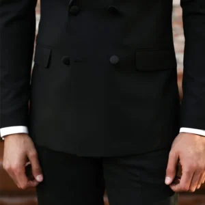 Mens Dark Black Double Breasted 2 Piece Suit Buttoned