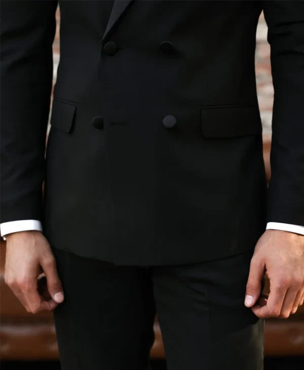 Mens Dark Black Double Breasted 2 Piece Suit Buttoned